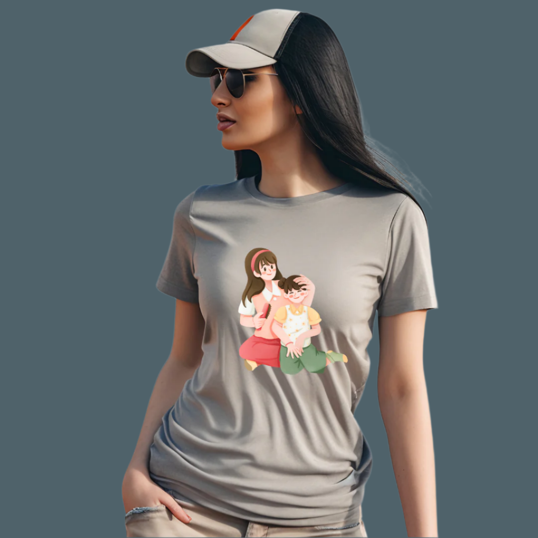 Mother's Day Graphic T-Shirt, Cartoon Family Design, 100% Cotton